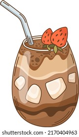 Iced coffee with strawberry vector illustration. Iced cappuccino glass with tubule. Sweet drink in cartoon style