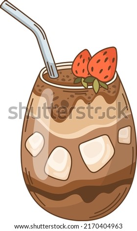 Iced coffee with strawberry vector illustration. Iced cappuccino glass with tubule. Sweet drink in cartoon style