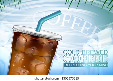 Iced coffee takeaway cup with ice background
