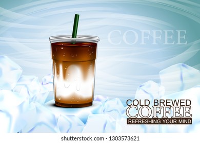 Iced coffee takeaway cup with ice background