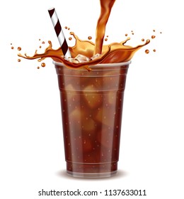 Iced coffee takeaway cup with liquid pouring down into container isolated on white background, 3d illustration