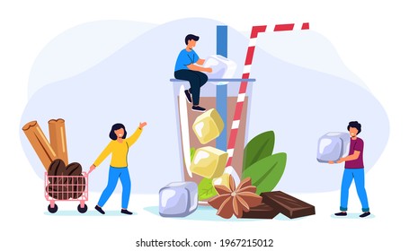 Iced coffee in a tall glass with cream poured over Coffee lover tiny people character concept Vector flat illustration Sweetness smoothies ice cream