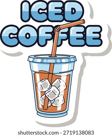 Eis-Kaffee-Text mit Plastiktasse und Stroh, Vektorgrafik für kalte Brühgetränke.