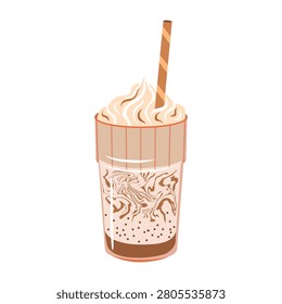 Iced coffee vector illustration. Delicious frappe coffee drink with caramel swirl, whipped cream in a glass with straw isolated on white background. Mocha beverage cartoon clipart for menu design