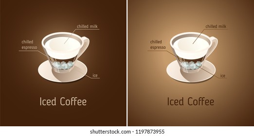 Iced Coffee. Vector isometric icon on dark brown and beige background. Coffee cup with ingredients of the drink