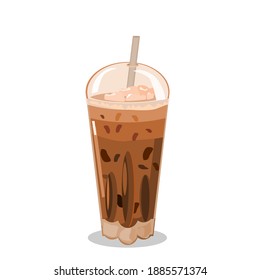 iced coffee.Coffee and milk
mixed in a clear glass with ice.There is a plastic tube in the glass.Vector illustration isolated on a white background.