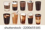 iced coffees collection on isolated background