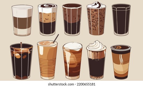 iced coffees collection on isolated background