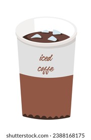 Iced cold brew coffee in plastic takeout cup. Isolated glass of refreshing caffeine beverage with ice cubes. Icon for fast food cafe, cafeteria or coffeehouse design element. Vector in flat style