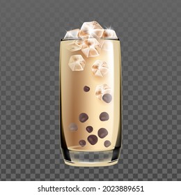 Iced Cold Coffee Drink Glass With Chocolate Vector. Coffee Energy Delicious Beverage With Milk And Ice Cubes In Cup. Fresh Aromatic Barista Morning Breakfast Drink Template Realistic 3d Illustration