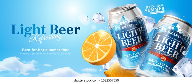 Iced cool light beer banner ads with ice cubes and lemon on blue sky background in 3d illustration