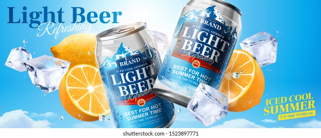 Iced cool light beer banner ads with ice cubes and lemon on blue sky background in 3d illustration