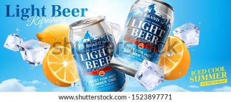 Iced cool light beer banner ads with ice cubes and lemon on blue sky background in 3d illustration