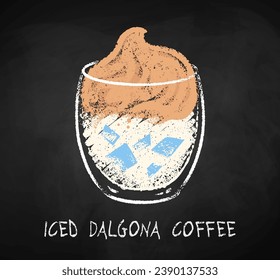 Iced Dalgona coffee cup isolated on black chalkboard background. Vector chalk drawn sideview grunge illustration.