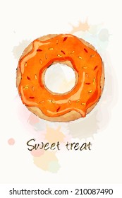 An iced doughnut with orange frosting and sprinkles, watercolour effect design. EPS10 vector format