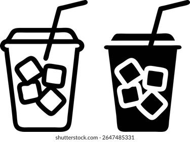 Iced Drink Cup Icon Set – Black and White Beverage with Straw Symbol Vector Illustration
