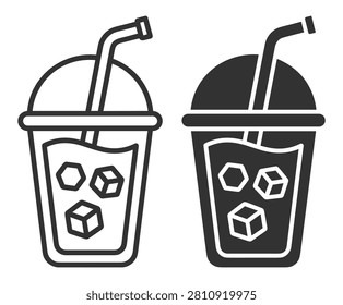 iced drink cup with lid straw and ice cubes icon set on transparent background