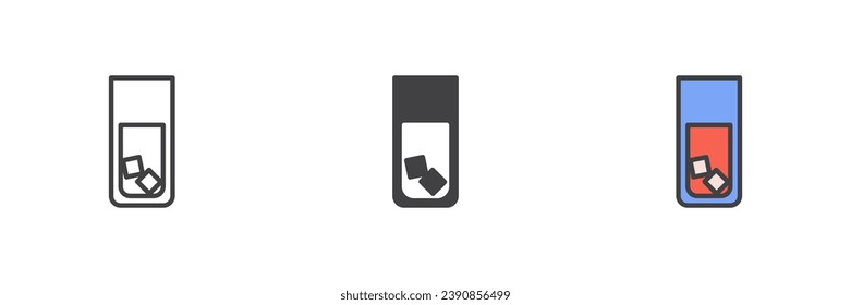 El conjunto de iconos de diferentes estilos para beber hielo. Línea, glifo y contorno relleno versión colorida, contorno y signo vectorial relleno. Símbolo, ilustración del logotipo. Gráficos vectoriales