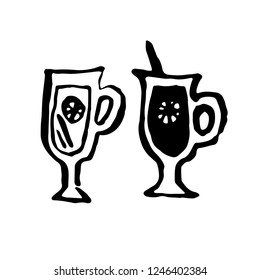 Iced drink icon set. Cold tea with lemon. Grunge ink brush vector illustration.
