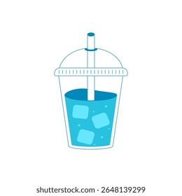 Iced drink in a plastic cup with a lid and straw. Flat vector illustration in blue color, perfect for summer, beverage, refreshment, and cafe designs.