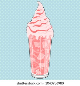 Iced drink. Summer drink. Vector illustration of cold milkshake drink with ice and topping. Pink strawbweery milkshake.