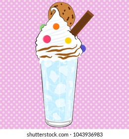 Iced drink. Summer drink. Vector illustration of cold milkshake drink with ice and topping. Blue milkshake with sweet candies and cookie.