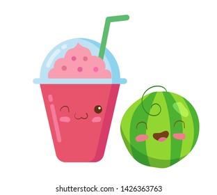 Iced Fruit Smoothie in a cute plastic cup with rich foam. Vector kawaii drink illustration in cute cartoon style isolated on white background. Happy, funny & smiling Watermelon smoothie.