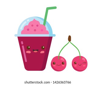 Iced Fruit Smoothie in a plastic cup with rich foam with cute berries. Vector kawaii drink illustration in cute cartoon style isolated on white background. Happy funny Cherry smoothie character.