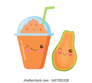 Iced Fruit Smoothie in a plastic cup with rich foam. Vector kawaii drink illustration in cute cartoon style isolated on white background. Funny happy & smiling Papaya smoothie. Kids menu elements.