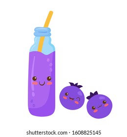 Iced Fruits Smoothie in a glass bottle with straw & bubbles. Vector kawaii drink illustration in cute cartoon style isolated on white background. Blueberry, blackberry, blackcurrant fruit smoothie.