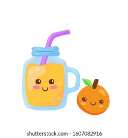 Iced Fruits Smoothie in a glass jar with bubbles & straw. Vector kawaii drink illustration in cute cartoon style isolated on white background. Smiling orange fruit smoothie for menu, decoration.