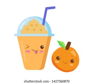 Iced Fruits Smoothie in a plastic cup with rich foam. Vector kawaii funny smiling drink illustration in cute cartoon style isolated on white background. Orange fruit smoothie. Kids cute menu design.