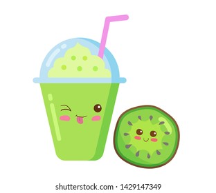Iced Fruits Smoothie in a plastic cup with rich foam. Vector kawaii drink illustration in cute cartoon style isolated on white background. Funny smiling Kiwi fruit smoothie. Use for print, menu, card.