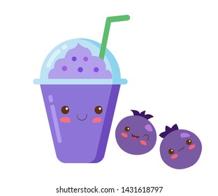 Iced Fruits Smoothie in a plastic cup with rich foam. Vector kawaii drink kids illustration in cute cartoon style isolated on white background. Blueberry, blackberry, blackcurrant fruit smoothie.