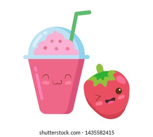 Iced Fruits Smoothie in a plastic cup with rich foam. Vector kawaii drink illustration in cute cartoon style isolated on white background. Strawberry fruit smoothie. Kids menu design concept.