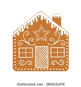 Casa de jengibre con chimenea. Galleta tradicional de Navidad aislada en el fondo blanco. Ilustración plana vectorial.