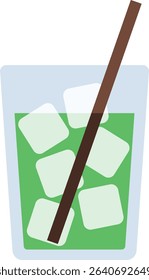 Iced green drink in a clear cup with ice cubes and straw. Perfect for matcha latte, green tea, or healthy cafe beverage design.