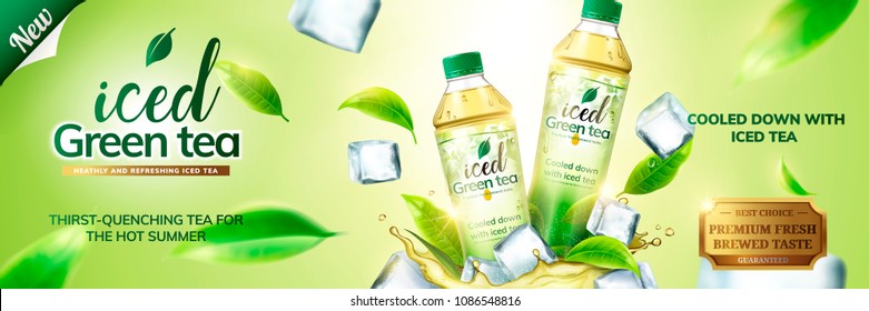 Iced green tea ads with bottles on ice cubs and leaves flying around them, 3d illustration on green background