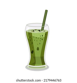 Iced green tea in a clear glass with ice inside.There is a tube on top.Isolated vector illustration on a white background.