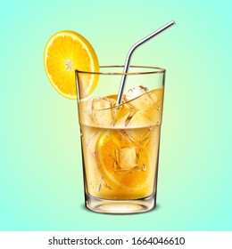 Iced Green Tea In Glass Cup With Sliced Citrus And Stainless Steel Straw Isolated, 3d Illustration