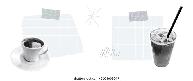 Iced and hot coffee on white torn paper collage notes, minimal grid. Vector template of coffee journal page.