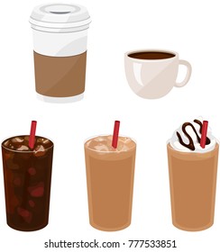 Iced and Hot Coffees in Glasses, Cups, and Mugs