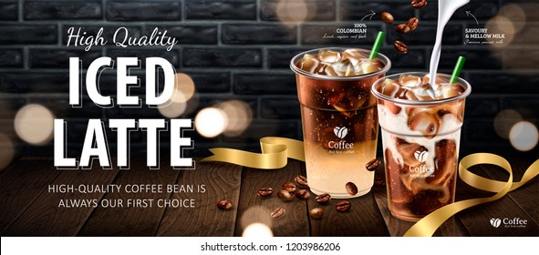 Iced latte banner ads in 3d illustration, coffee on wooden table