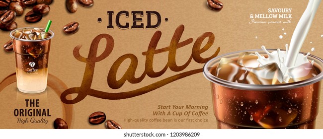 Iced latte banner ads in 3d illustration, coffee on kraft paper background