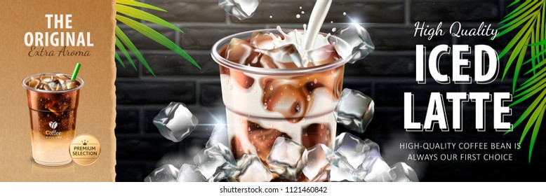 Iced latte banner with milk pouring into takeaway cup and ice cubes around it, 3d illustration