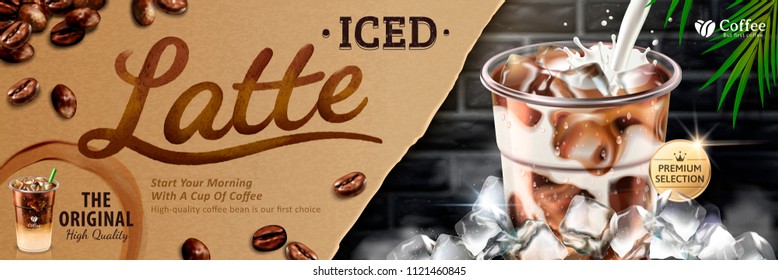 Iced latte banner with milk pouring into takeaway cup on bokeh brick wall, latte calligraphy written on kraft paper in 3d illustration