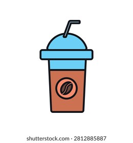 Iced latte drink icon in plastic cup ioslated on white background. Cold coffee summer drink with milk, smoothie, milkshake for web and design menu.