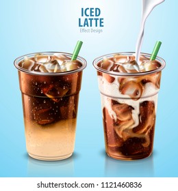 Iced Latte Mockup Set With Milk Pouring Down Into It, 3d Illustration
