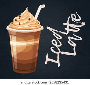 Iced Latte Refreshing Summer Drink Vector Illustration. Iced coffee served in classic plastic cup, topped with whipped cream swirl and sprinkle of chocolate shavings. Vintage-inspired design 