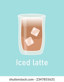 Iced latte sticker concept. Tea or coffee. Coffee shop or cafe menu. Cold drink with ice cube. Template, layout and mock up. Cartoon flat vector illustration isolated on blue background